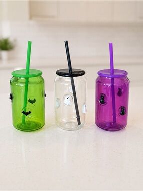 Halloween Ghost & Bat Acrylic Jar Tumbler with Straw - Green, Clear, Purple